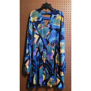 NWT Jodifl  Dress Aztec Leaf Colorful, Split Bell Sleeves, Lined Skirt, Large